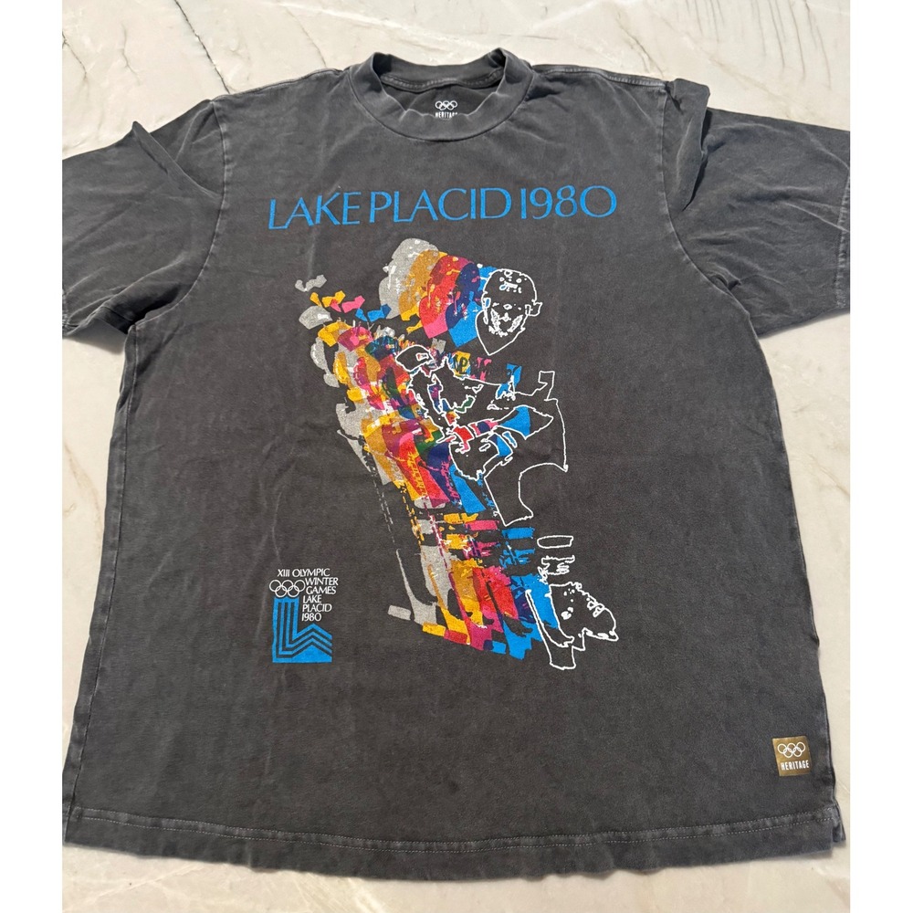 Olympic Heritage Lake Placid 1980 Winter Games Graphic T-Shirt Mens Medium Grey